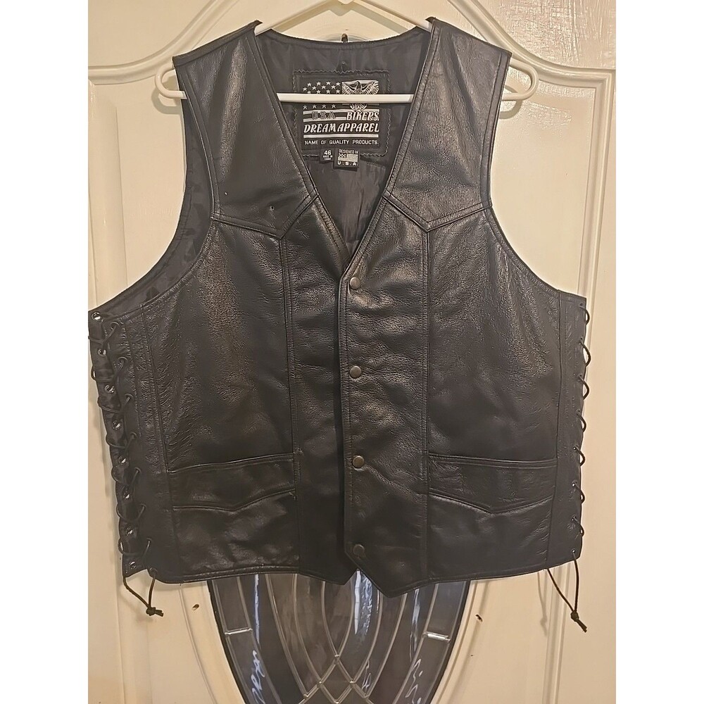🔥 USA Bikers Dream Apparel Leather Jacket Vest Mens Size 46 Snap Button Black